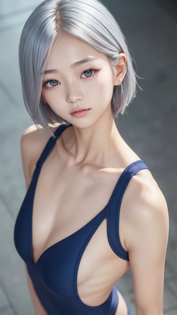 (((sfw:1.5))),((from above:1.5)),((upperbody:1.5)) a photo of a korean Asian ager,((beautiful cute idol girl:1.5)), plutinum silver hair,10yorow eyes:1.5,slim face,slim neck,((thinbody)),((rasping):1.5),((frat chest:1.5)),((clavicle)),((Narrow eyes:1.5))、(Thin arms)、(Thin neck)、(Thin lips)、littleSmile、slimarms,(Navyblue onepiece schoolswimsuit:1.5)