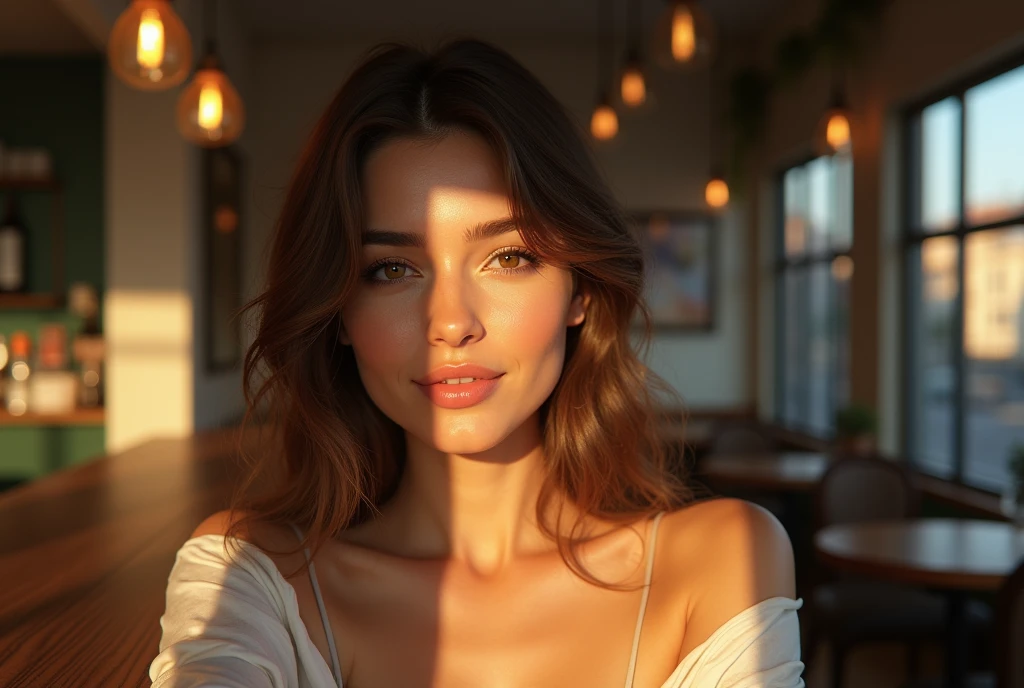 a beautiful woman leaning against cafe counter,soft diffused afternoon sunlight,gentle shadows across her face and surroundings,photorealistic,detailed facial features,detailed eyes,detailed lips,detailed skin texture,beautiful woman in cafe,beautiful cafe interior,warm lighting,natural lighting,realistic shadows,photographic lighting,photographic composition,high quality
