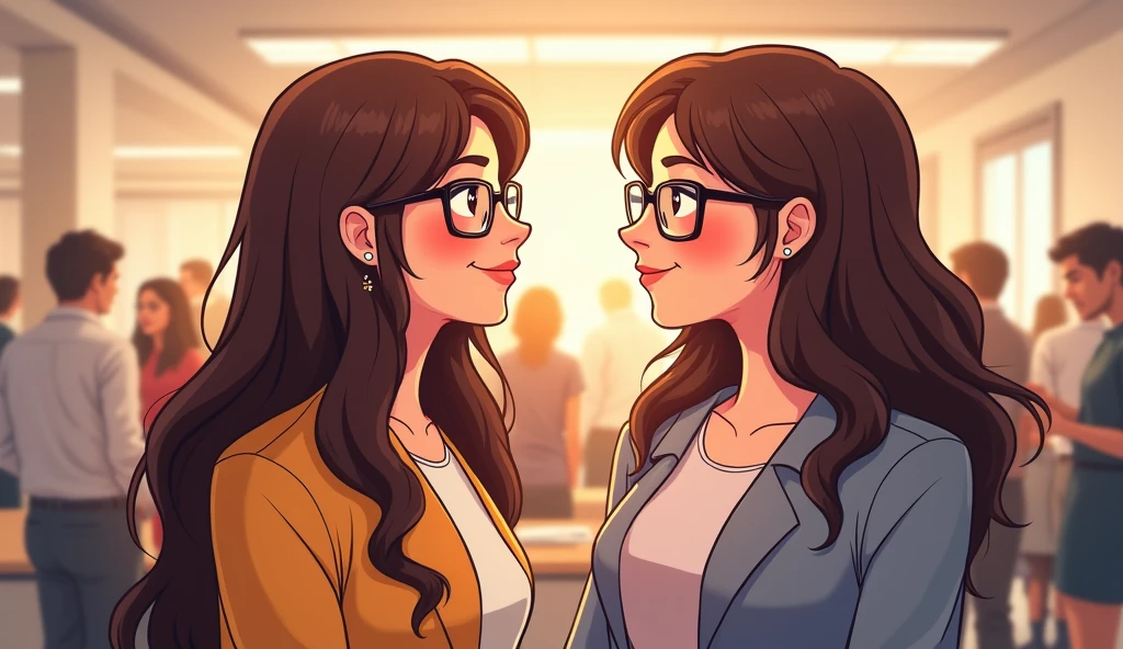 I need a playful image in illustration, which represents welcoming, safety, comfort.
there are two women, one of whom is the boss (director) and the other is the employee). They are looking each other and have a look of complicity
director features (woan 40 years): long, straight brown hair, glasses
employee characteristic (woman 29 years): wavy brown hair, glasses
They are both wearing more casual clothes.
scenario a chaotic work environment in an advertising agency, with peoples in the backgroud.