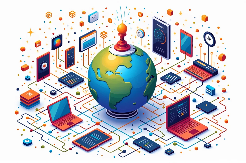 vector 2D illustration representing the World Wide Web, with an emphasis on interconnecting computers, brains, smartphones, tablets, and many other devices, intricate wired connections, vector illustration style, 2D illustration, plain and vibrant colors, white background  