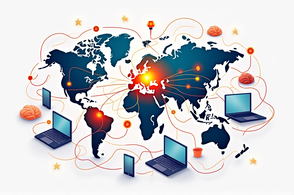 vector 2D illustration representing the World Wide Web, with an emphasis on interconnecting computers, brains, smartphones, tablets, and many other devices, intricate wired connections, vector illustration style, 2D illustration, plain and vibrant colors, white background