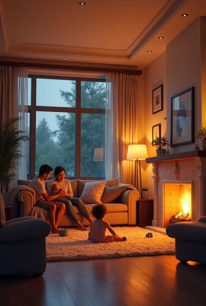 a living room with all the lights on