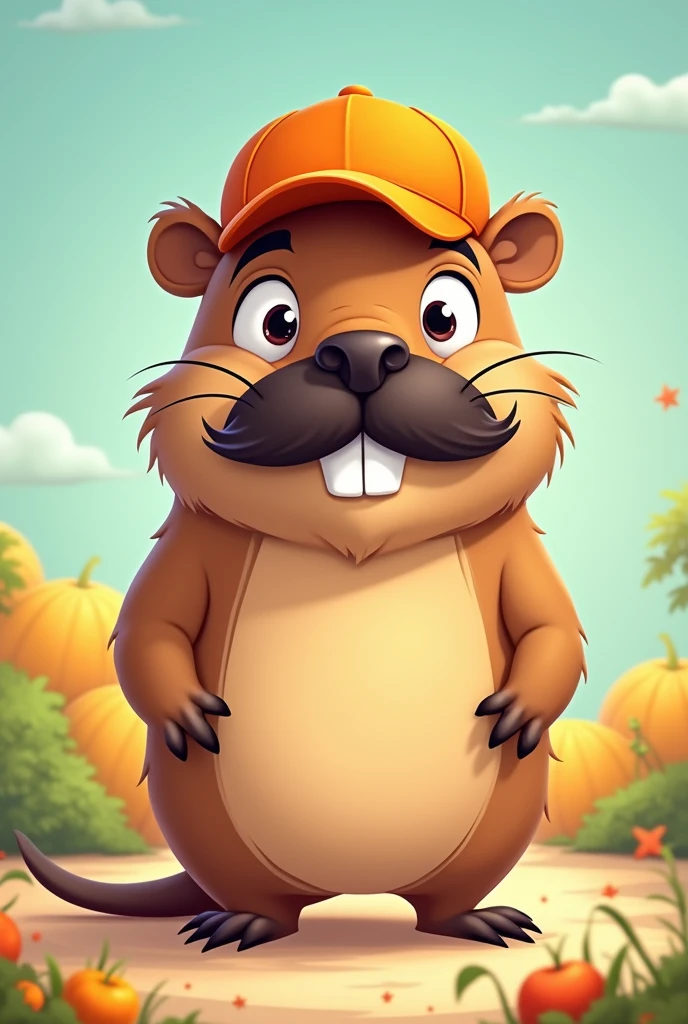 A male capybara would be wearing a mustache and an orange cap cartoon drawing