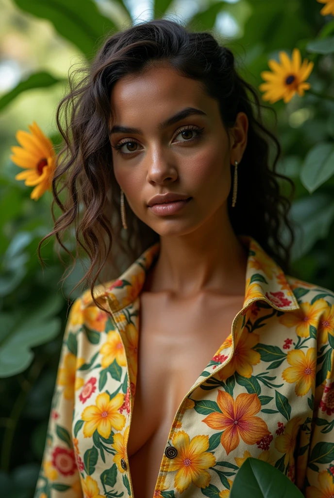 A Brazilian woman in a lush tropical garden, wearing an open shirt with a floral print, with a close-up capturing the harmonious beauty between her breasts and the natural flowers, showing off your natural charm and outgoing personality.