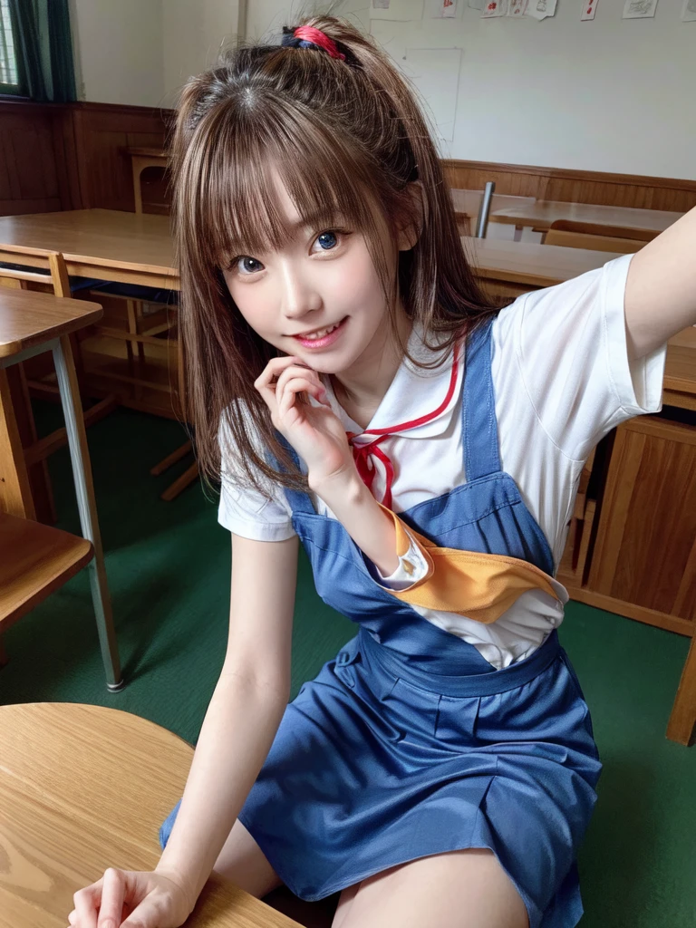 (8k, Highest quality, The pieces fly:1.2)、Ultra-high resolution、anime,1. Very cute,Asuka Langley,Highly detailed face, Fine grain,blue eyes,,White sailor collar plain short sleeve shirt,Light blue skirt,Light blue suspenders,uniform_Red ribbon,Orange Hair,Long Hair、Detailed hand and fingers,put your hands in your hair,Grin、sitting on desk,Shooting from above,classroom