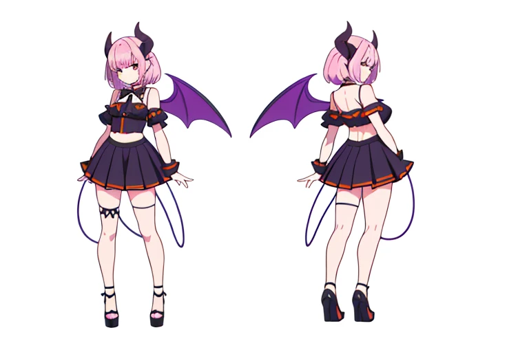(((Best Quality))) , ((full body)), reference sheet, (white background), demon horns, succubus, mini skirt, violet outfit, ,Devil Wings,
multiple characters, white background, variety of hairstyles, variety of fashion styles, seductive pose, fashionable and trendy atmosphere,
blue, orange, green, violet, brown, white,