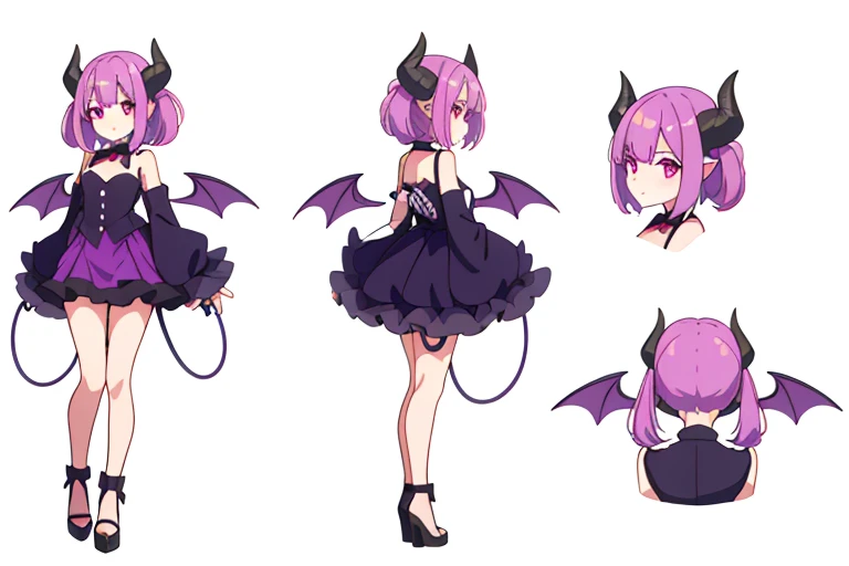 masterpiece, best quality, cute eyes, 1girl, solo, high fantasy costume, ((white background)), full body, multiple views, boots, leotard, succubus, devil horn, demon horn,