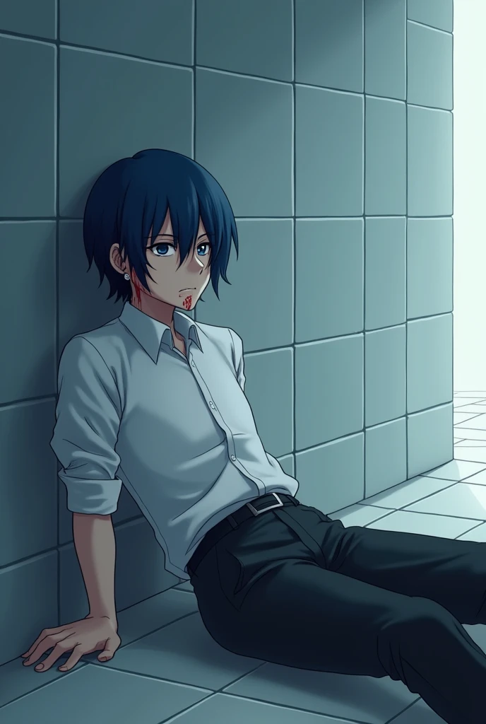 blue hair male,down hair,in school dress white and black pants with belt ,lying to the wall of big bathroom, with bruised face ,anime style,2d ,his face is brused blooded