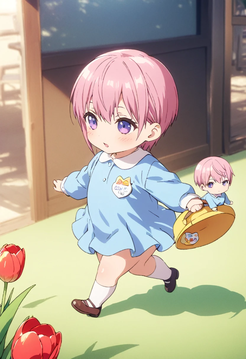 (Highest quality, 4K, 8k, High resolution, masterpiece:1.2), Very detailed, Picturesque, Animated Photography, Photo Animation:1.37)、Japanese schoolgirl、(Pink Hair)、(short hair)、stnding、(chibi:1.4),blue shirt,(kindergarten uniform:1.2),(yellow school hat:1.15),(blue skirt:1.1),(tulip-shaped name tag、いちか:1.05)、floating、Full body photography、Nakano ichika