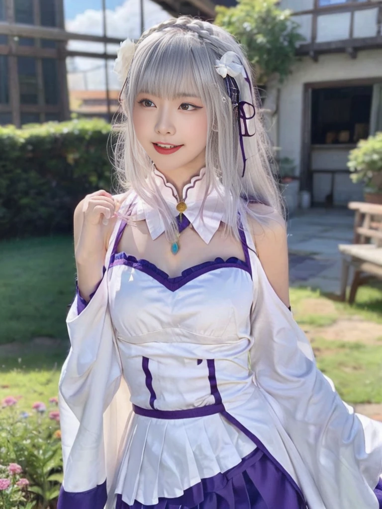Highest quality、High resolution、Ultra-detailed、8k, Emilia、Emilia Masterpiece、Highest quality, In the castle courtyard, Bans, Clothes are white, 長いsleevemouth, just_shoulder, dull_前hair, Blurred, Blurred_background, Blurred_prospect, blush, Braid, big breats,sexy body,chestout, chestの谷間, Closed_mouth, cloud, crown_Braiding, Tag, depth_In_Field, independent_sleeve, dress, Emilia_\(Again:Stay Night\), eyebrows_appear_Through_hair, flower柄, Precious stones, hair_flower, hair_Decorations have been removed, hair_ribbon, lens_Flare, length_hair, look up_in_Audience, low_length_hair, Moderate_chest, One_eye_Closed, Plein Air, Pleats_skirt, Spiky_ear, purple_eye, purple_ribbon, ribbon, Silver_hair, skirtの, null, Laughter, solo, very_length_hair, white_flower