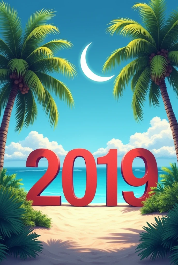 Some palm trees and in the center the number 2019 and a half moon