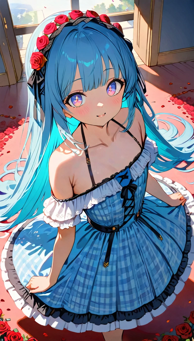 masterpiece, best quality, extremely detailed, (illustration, official art:1.1), 1 girl ,(((( light blue hair)))), ,(((( light blue long hair)))),light blue hair, ,((blush)) , cute face, big eyes, masterpiece, best quality,(((((a very delicate and beautiful girl))))),Amazing,beautiful detailed eyes,blunt bangs((((little delicate girl)))),(((tareme))),droopy eyes.(true beautiful:1.2), sense of depth,dynamic angle,,,, affectionate smile, (true beautiful:1.2),,(tiny 1girl model:1.2),)(flat chest),((Masterpiece)), (Anime:1.3), ((best quality)), (super detail:1.2), (High Definition:1.3), (Professional Photography:1.2), (sharp focus), (perfect light), (fisheye), wide shot, (()), cute , Plaid dress, (Off-Shoulder dress), hoop dress, wearing toy tiara, ****ta fashion, (loose blunt bangs), :3, ((Vibrant Pose)), exposed bare shoulder and arms, ****ta style, cute smile, (naughty smile), open mouth, pretty, (Healthy slim body), emo style, red checker, (((Body is surrounded by Rose flowers and petals: 1.8))), ribbon belt, white lilies,、Impressive eyes, gradient eyes
