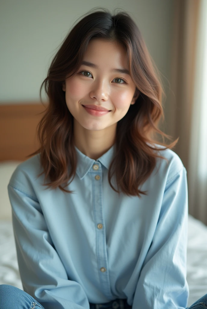 Create a highly realistic image of own herself selfie photo a young Asian woman in her early 20s. She has medium-length brown hair with soft waves, green eyes, and a warm smile. She’s wearing a casual outfit: a light blue blouse and jeans. The background is a bedroom with room light.