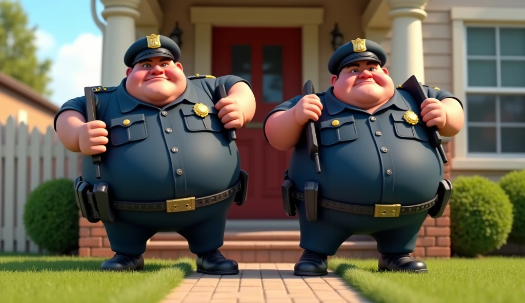Im Stil von Pixar 3D-Animation filmen. Obese police officers carry computer monitors out of a house.
