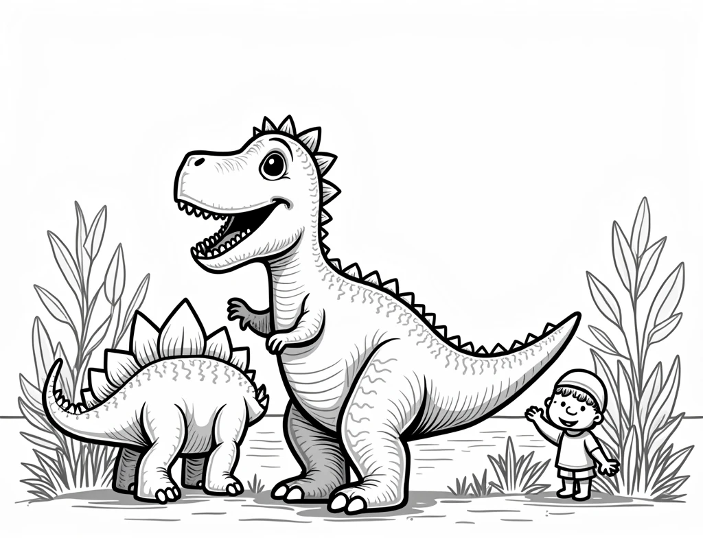 intricate black and white coloring book illustration, adorable and minimalist, children, triceratops, stegosaurus, grazing peacefully by a river, detailed line art, simple shapes, monochrome, high contrast, clean design, whimsical, educational, natural scenery, serene, (best quality,4k,8k,highres,masterpiece:1.2),ultra-detailed,(realistic,photorealistic,photo-realistic:1.37)