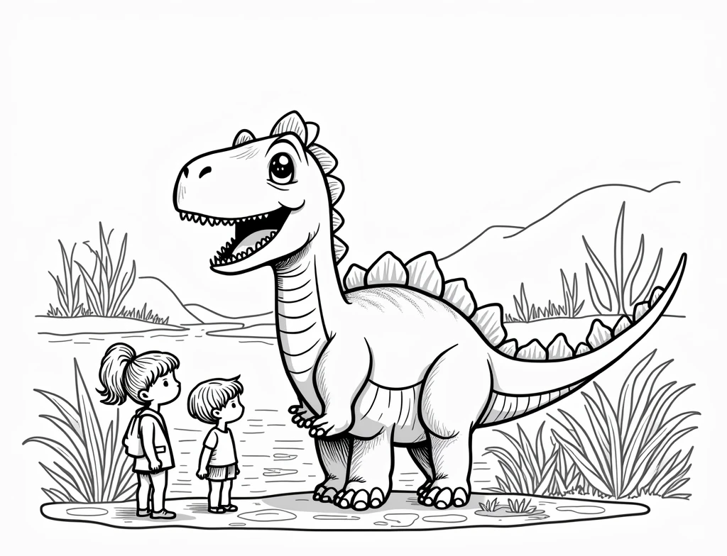intricate black and white coloring book illustration, adorable and minimalist, children, triceratops, stegosaurus, grazing peacefully by a river, detailed line art, simple shapes, monochrome, high contrast, clean design, whimsical, educational, natural scenery, serene, (best quality,4k,8k,highres,masterpiece:1.2),ultra-detailed,(realistic,photorealistic,photo-realistic:1.37)