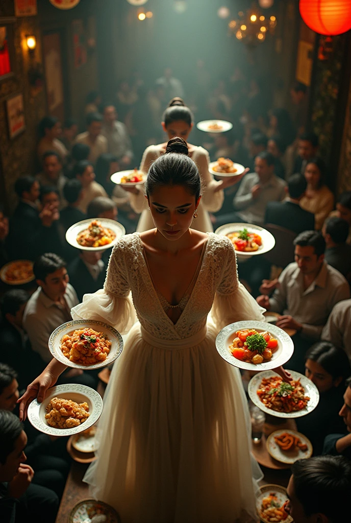 a woman balancing multiple plates of food on her arms and hands, bustling lunch crowd, vibrant colors of dishes and outfit, overhead lighting, highly detailed, photorealistic, 8k, masterpiece, cinematic, dramatic lighting, chiaroscuro, muted colors, moody atmosphere