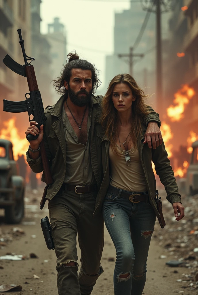 a man with the AK 47 holding his girl while zombies are chasing them during zombies apocalypse, destroyed and burning city background with burning cars and building, both of them wearing torn clothes