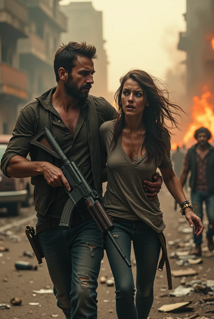 a man with the AK 47 holding his girl while zombies are chasing them during zombies apocalypse, destroyed and burning city background with burning cars and building, both of them wearing torn clothes