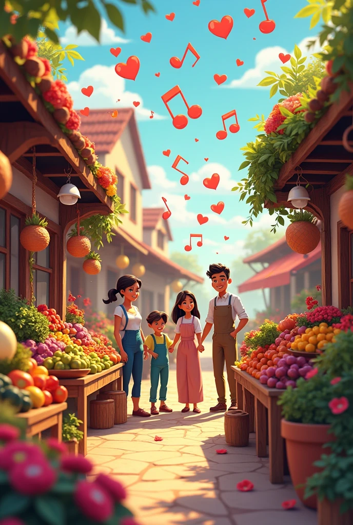 Florez family image Market with musical notes, hearts of various sizes and flowers of various colors and species