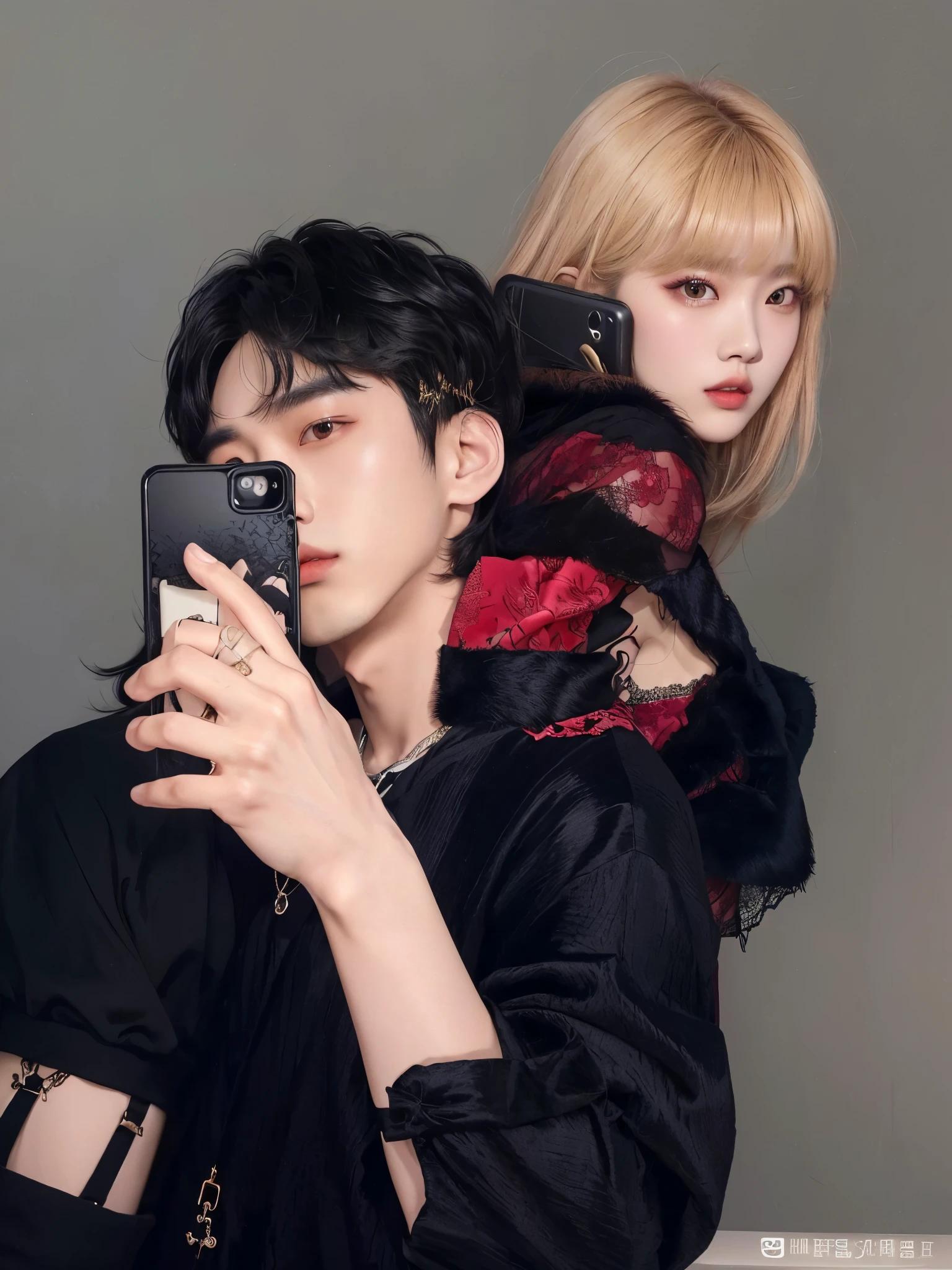 araffe man and woman taking a selfie with a cell phone, ulzzang, cai xukun, lalisa manobal, kim doyoung, jia, couple pose, jinyoung shin, with full bangs, male ulzzang, with bangs, sha xi, black and red silk clothing, kda and sam yang, with black, roseanne park of blackpink