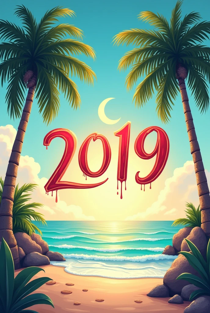 Some palm trees and in the center the number 2019 and a half moon in the shape of a tattoo

