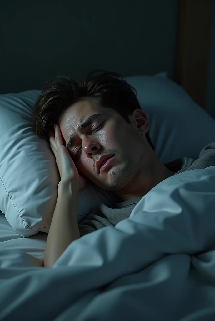 A realistic image of a person with a headache while sleeping