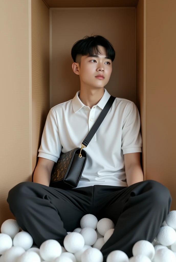 Imagine a handsome Korean man., beautiful and realistic round plump face, dressed in a white polo shirt and black loose trousers, sitting inside a cardboard box with polystyrene, realistic legs, whole body, Spreading your legs, the hair on the head is black, the lower part of the hair is shaved off to half the head, short hair combed forward, straight bangs in crop style, A rectangular black Louis Vuitton bag hangs over her shoulder