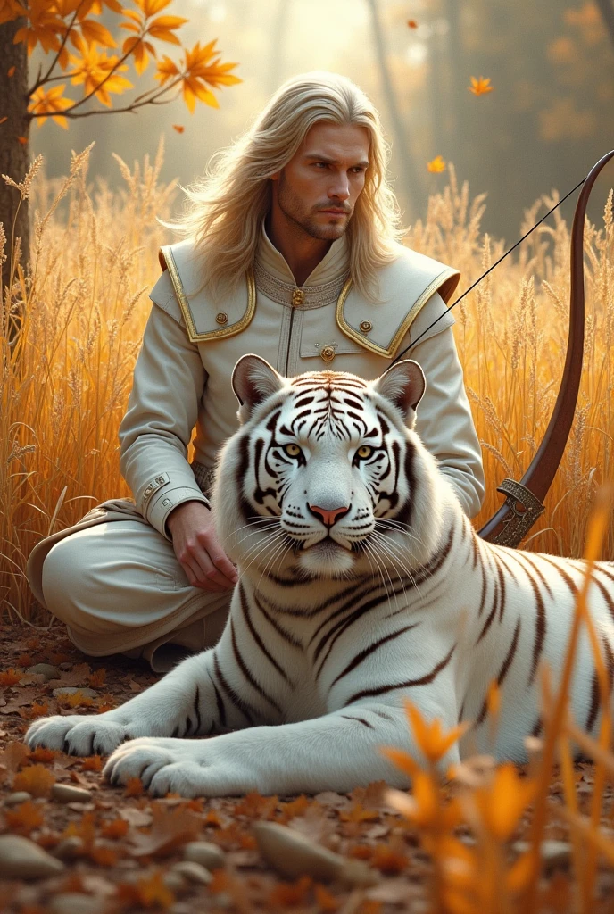 Beautiful male ranger long hair white leather armour longbow white tiger resting high grass autumn colours art deco style 