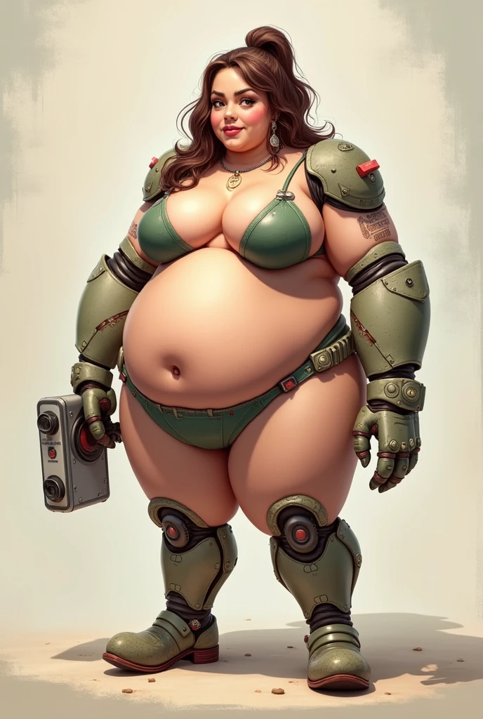 Woman body defined thick thighs cybernetic body parts, small breasts, flat chest