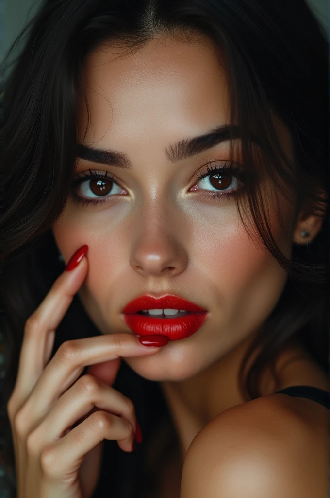detailed woman's face looking at the camera, Dark brown eyes, hot (((thick red lips))), The mouth is open with sensuality, Fix deformed fingers, photorealistic, pointed eyes, (((eyes on camera))) smiling slightly