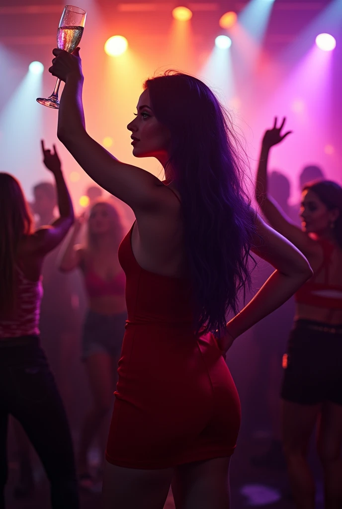 English woman,20 year, very white light skin,sparkling green eyes,long dark purple hair,red short dress,strong makeup,scenario show night party club,she is in the middle of the crowd watching the show on stage,with the back to the image looking at the stage,action jumping with a glass of chevete in hand,cinema image,品質,full body images,detailed,Photography