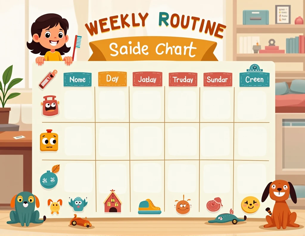 weekly routine chart containing tasks such as brushing your teeth, make the bed, go to school, eating lunch, tidy up the toys, homework, TV, jantar, afternoon snack, bathing, dors, no fight, sem beer, no shouting, illustrated
