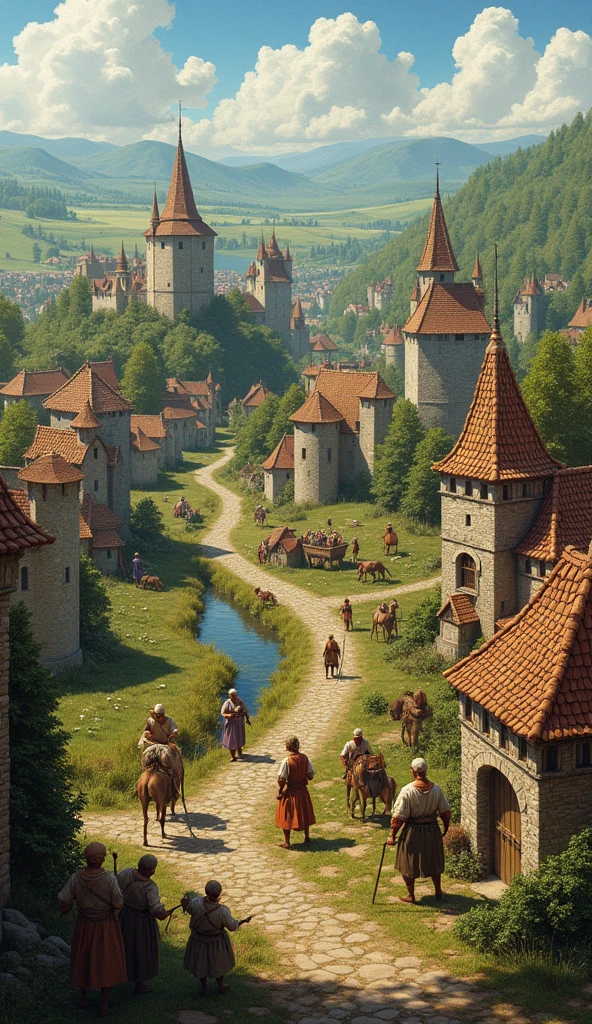 Scenes of medieval Europe, rise of small kingdoms, peasants busy at work, small castles and village life.