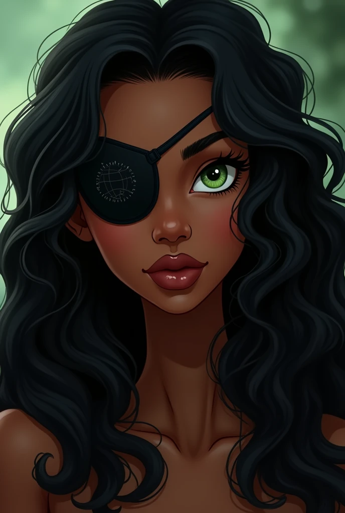 disney&#39;s favorite style. Of a dark-skinned adult woman with long black curly hair, green eyes, with eye patch, 