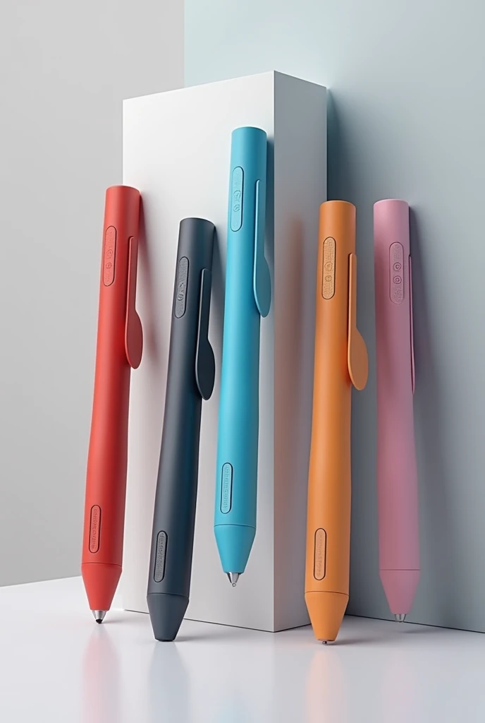 (photorealism:1.2) 6 graphic tablet pens, black, dark blue, white, rosa, GREEN AND RED AND THIN, with a modern design, Ergonomic, that it is a little long and looks light, that has three flat touch-sensitive side buttons that are located near the tip, with a medium tip, and that has the name of the brand: "Inkwave"