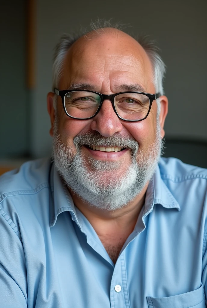 Now create a senior sales man, with a Brazilian face, 40 year old, with a salesman&#39;s manner. plumpness, scruffy beard, half bald. The background should be an office wall, He must be wearing a light blue dress shirt. He must have glasses and a slight smile, must be very realistic, he must look like a family man. 
