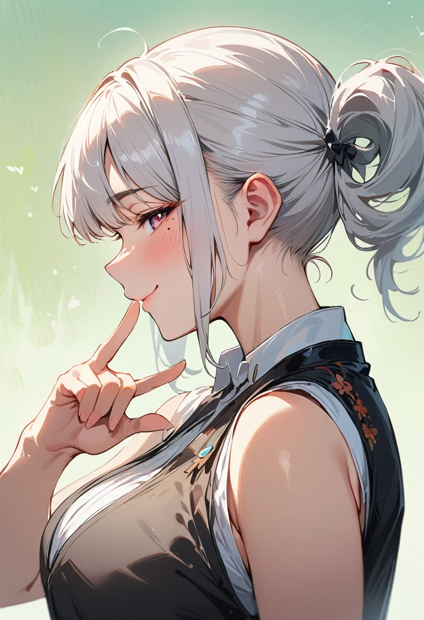 (masterpiece, best quality:1.4), 1 girl, 独奏, Heart-shaped pupils, Blurred eyes, Close your left eye, Smile, Profile,45° head tilt, Fox gesture, Right tear mole, (Double ponytail hairstyle:1.2),  large breasts, Mini Girls, Vest, Black and white gradient background.