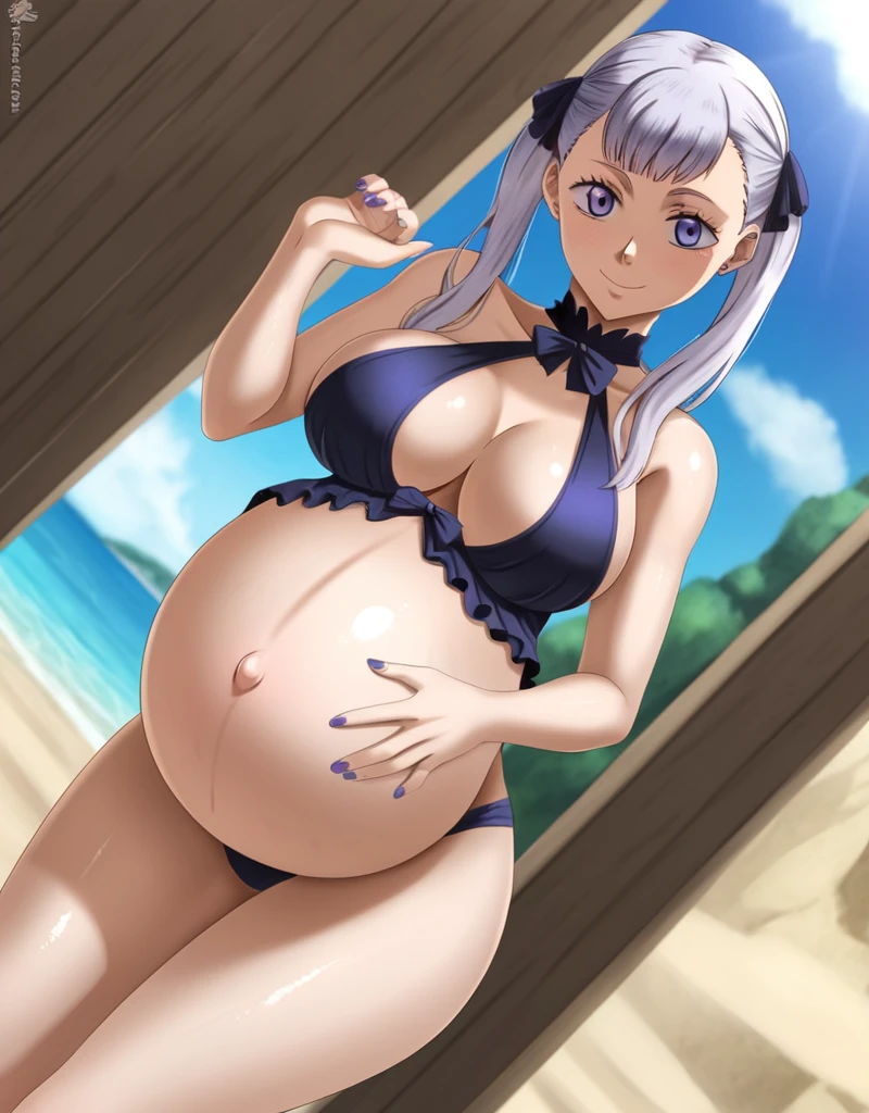 noelle_blackclover, Noelle Silva, Black Clover, long silver hair, waist-length hair, half-up half-down hairstyle, ribbon, side-parted bangs, almond-shaped blue eyes, high-quality, ultra-detailed, beast quality, 8K resolution,
looking at viewer, dutch angle, cowboy shot, smile, pregnant belly, large belly, big belly, big Breasts, belly button, Earrings,
1girl,solo, indoors, beach, happy, Smiling, rub belly, selfing,
full body, Nail polish,