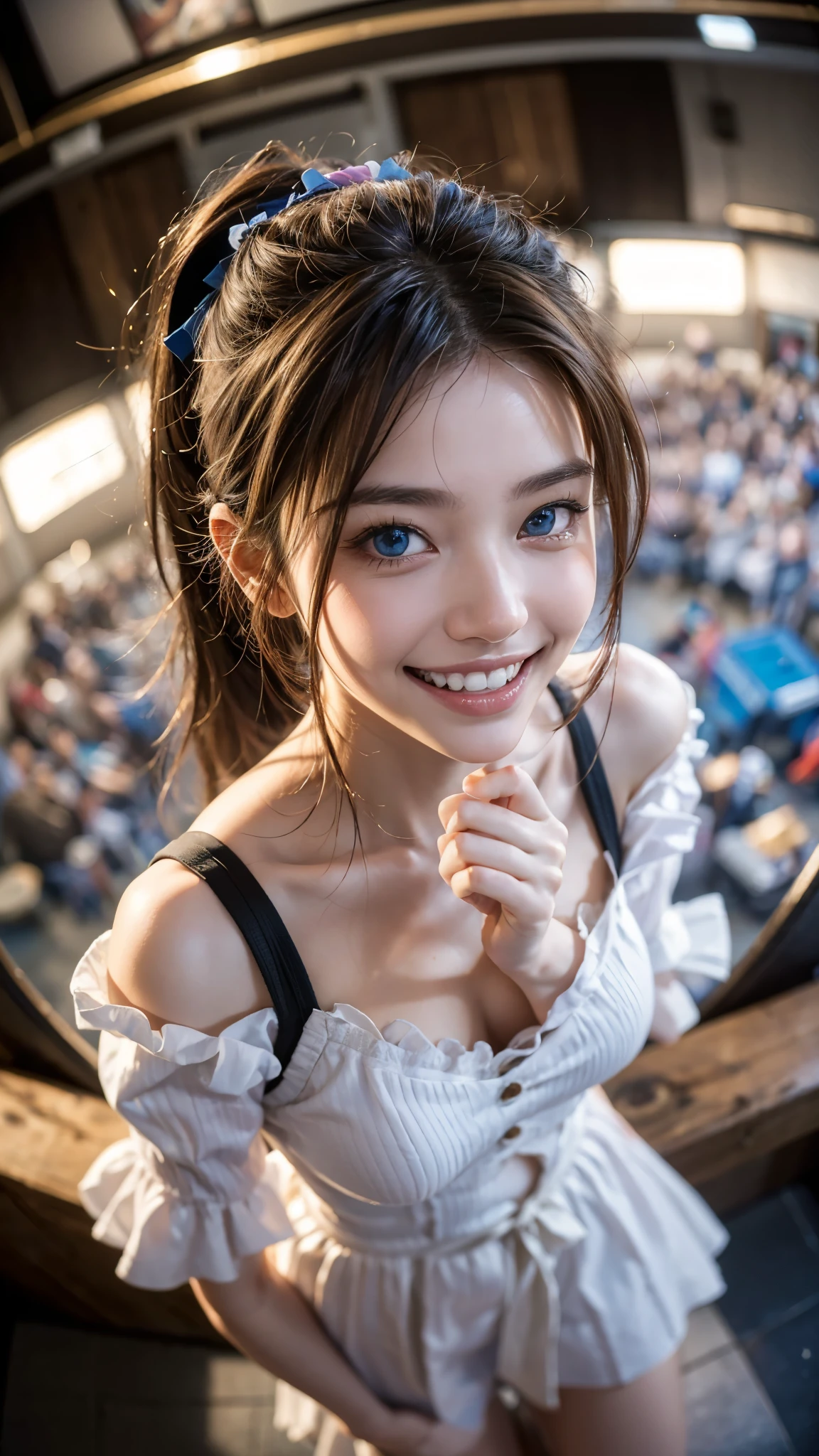 Highest quality, masterpiece, Ultra-high resolution,8k,((Toothy smiling portrait:1.4)), (Realistic:1.6), ((blue eyes)),((A radiant smile)), RAW Photos,((Realisticな美肌)),((Soft looking breasts)),((Full body photo)),1 person,2 adult women,(Full of smiles, )) ,((Ponytail and hair tie)),((Ribbon in hair)),((Looking up at the audience)),Face Focus:1.4,((Photographed from above with a fisheye lens:1.15)),