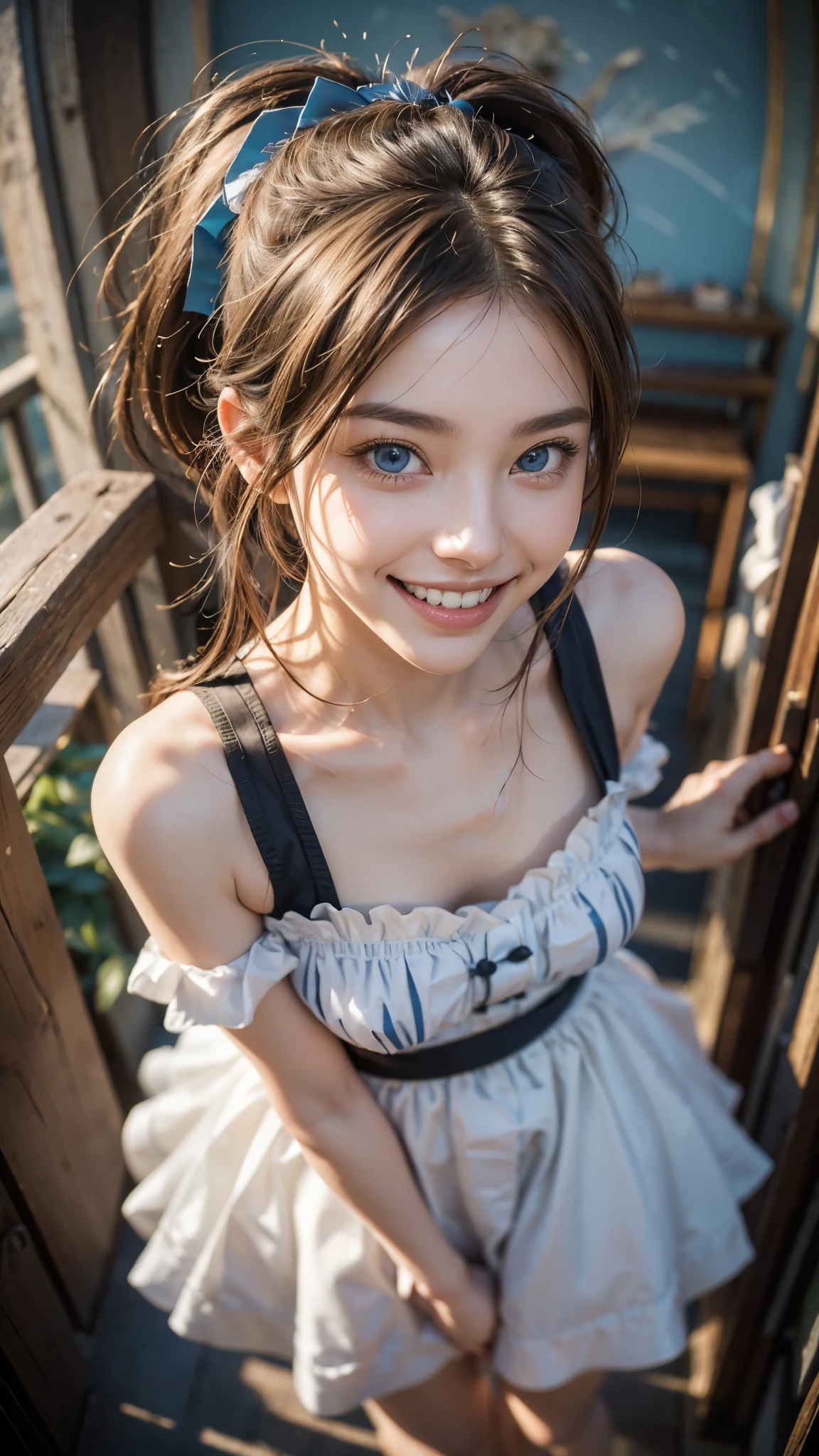 Pretty woman, similar to Amouranth,cute,huge natural breasts, red hair curly/flowing, detailed dark BLUE eyes and face, not to skinny, naughty smile, make it ultra-realistic, western european girl, in the snow in the mountains, clothing colour needs to be anything but green, extremely detailed blue eyes, extremely long wavy red hair with 2 ponytails, extremely long hair with 2 ponytails, extremely detailed blue eyes, huge drop earrings, naked breasts, extremely long red hair, naked ass