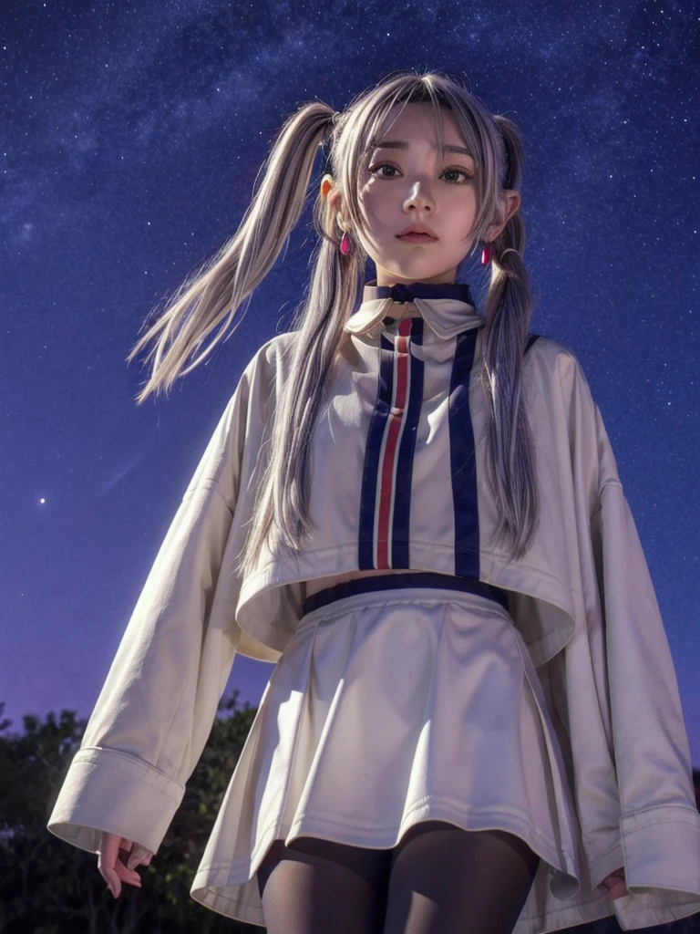 One person,alone,Fairy,Gray Hair, Grey Hair, Earrings, Pointed Ears, Long Hair, ponytail, Green Eyes, Twin tails, Parted bangs, Thick eyebrows,
Capelet with collar, White capelet, Striped shirt, Long sleeve,Striped, White Skirt,
pantyhose,
Night Sky, performer, Milky Way, milky way,
 