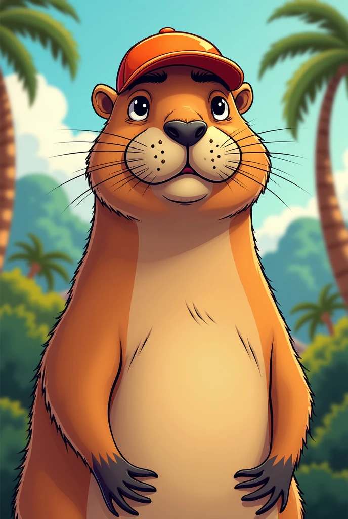 A serious male capybara wearing a mustache and an orange cap cartoon drawing