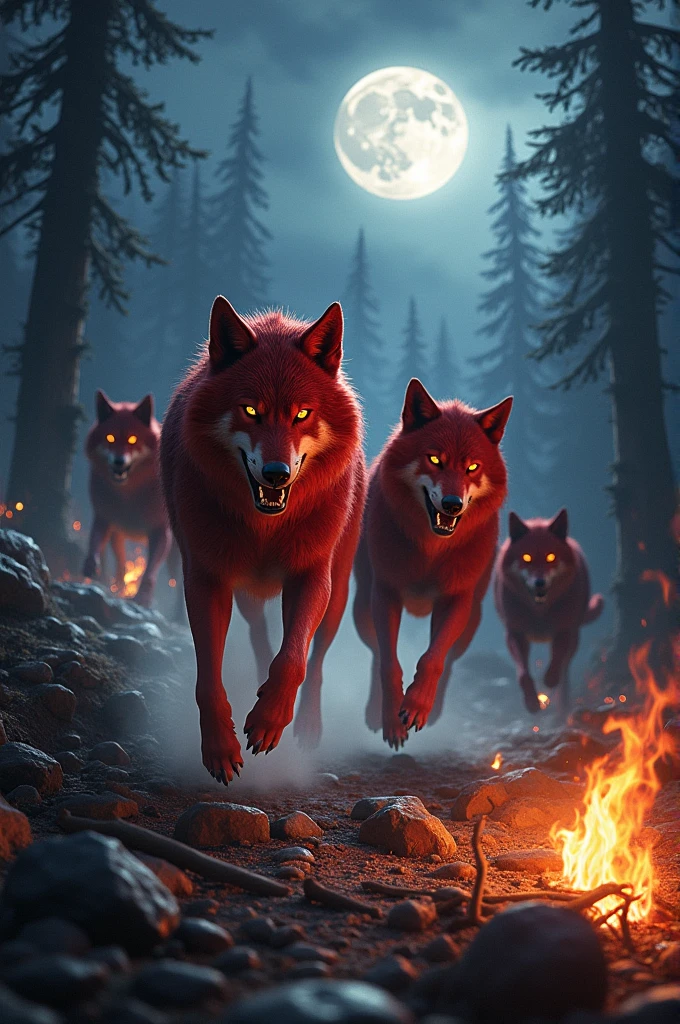 Red wolves run pack lots of fire night moon