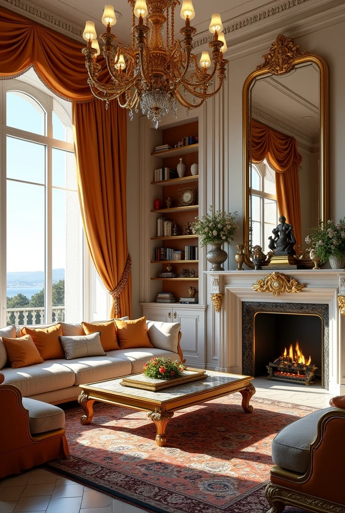 (masterpiece:1.2, Highest quality, Ultra-high resolution, Very detailed, Realistic, RAW Photos:1.2, Elaborate photos), 8k, wallpaper, (Ray Tracing), French Riviera mansion, (Spacious living room with high ceilings, Antique furniture with gold accents, Ornate fireplace with a marble mantle, Large windows with heavy silk drapes, Persian rugs, Decorative pillows and throws, Intricate chandeliers, Coffee table with elegant decor, Fresh flowers in vases), A photo that embodies the refined luxury of the living room, with shelves lined with rare books, bronze sculptures, and fine china on display, all contributing to a rich and inviting atmosphere.
