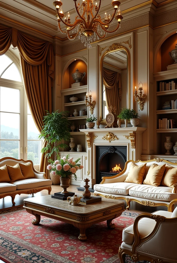 (masterpiece:1.2, Highest quality, Ultra-high resolution, Very detailed, Realistic, RAW Photos:1.2, Elaborate photos), 8k, wallpaper, (Ray Tracing), French Riviera mansion, (Spacious living room with high ceilings, Antique furniture with gold accents, Ornate fireplace with a marble mantle, Large windows with heavy silk drapes, Persian rugs, Decorative pillows and throws, Intricate chandeliers, Coffee table with elegant decor, Fresh flowers in vases), A photo that embodies the refined luxury of the living room, with shelves lined with rare books, bronze sculptures, and fine china on display, all contributing to a rich and inviting atmosphere.