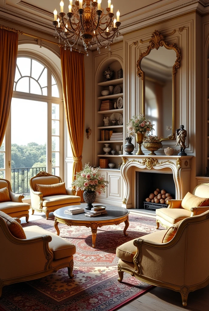 (masterpiece:1.2, Highest quality, Ultra-high resolution, Very detailed, Realistic, RAW Photos:1.2, Elaborate photos), 8k, wallpaper, (Ray Tracing), French Riviera mansion, (Spacious living room with high ceilings, Antique furniture with gold accents, Ornate fireplace with a marble mantle, Large windows with heavy silk drapes, Persian rugs, Decorative pillows and throws, Intricate chandeliers, Coffee table with elegant decor, Fresh flowers in vases), A photo that embodies the refined luxury of the living room, with shelves lined with rare books, bronze sculptures, and fine china on display, all contributing to a rich and inviting atmosphere.