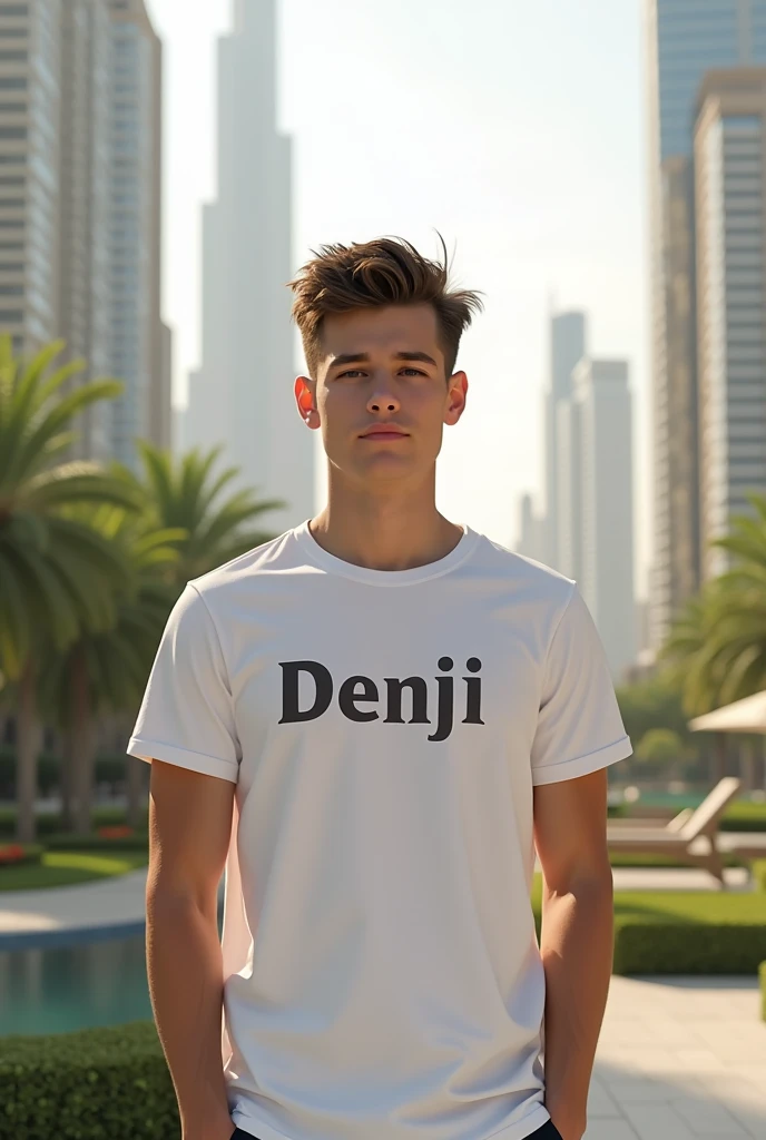 A 20-year-old young boy will stand in a beautiful place in Dubai and he will be handsome and white skin. His T-shirt will have DENJI written on it.8k hd details