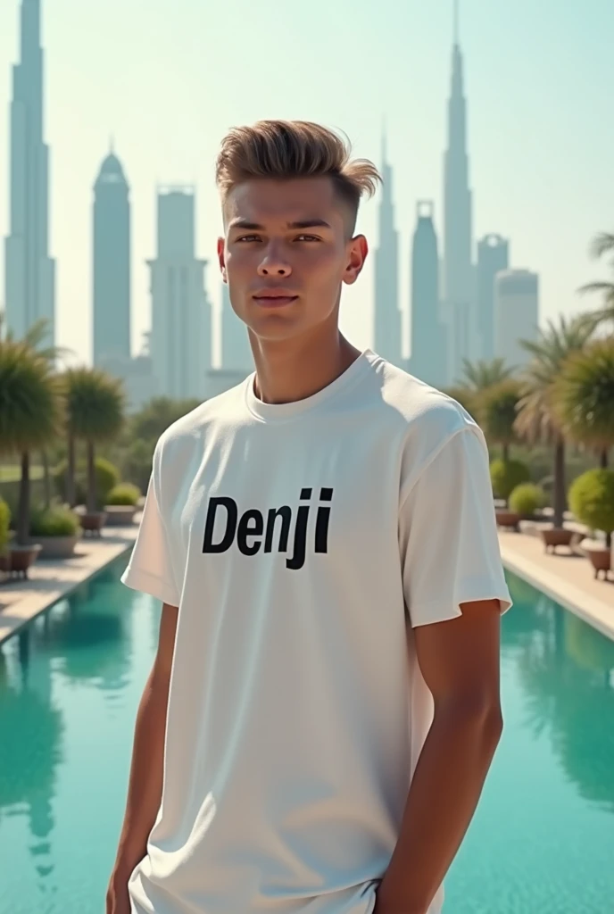 A 20-year-old young boy will stand in a beautiful place in Dubai and he will be handsome and white skin. His T-shirt will have DENJI written on it.8k hd details