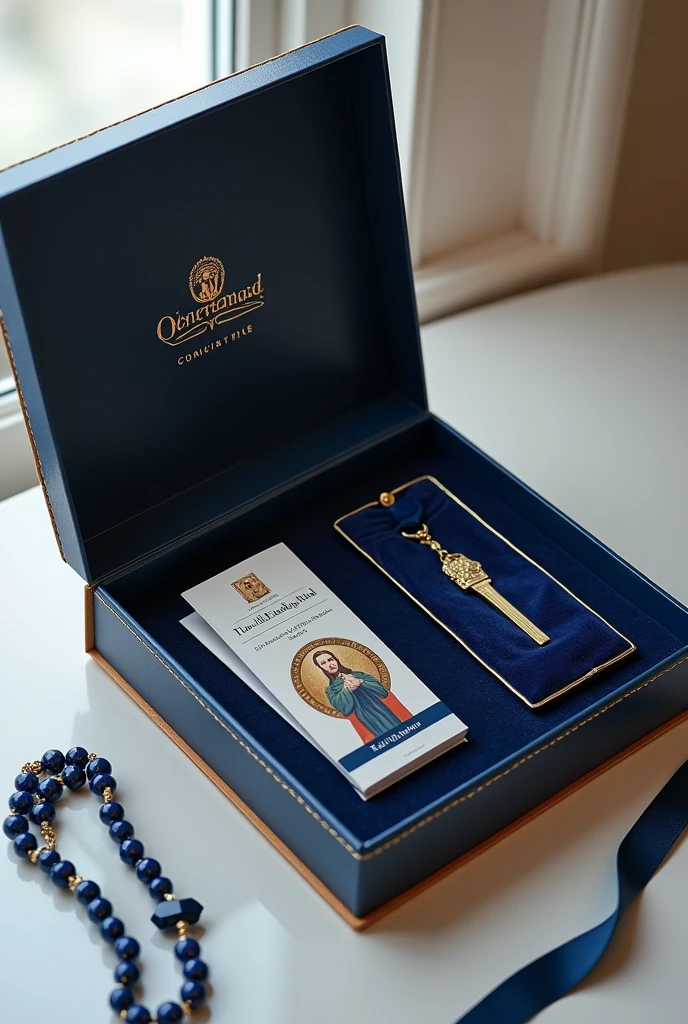 Create an image of my store's launch product. The product is a "box" of third, where the theme is Saint Josemaria Escriva and we use the color navy blue and gold details. The design should be elegant and showcase everything that comes in the beautiful box.: the rosary with navy blue natural stones, a thin pocket book that will be a guide to the rosary, a Saint Josemaria bookmark and the navy blue velvet bag that will be used to store the rosary and preserve it. show ALL items in the box individually, so as to arouse the consumer's desire. Focus more on the products than the box, make the box minimalist, but show it well done.
